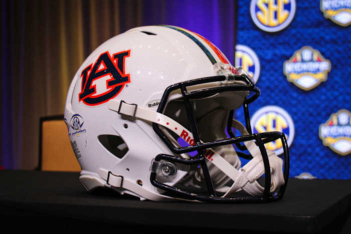 Auburn football helmet at SEC Media Days.